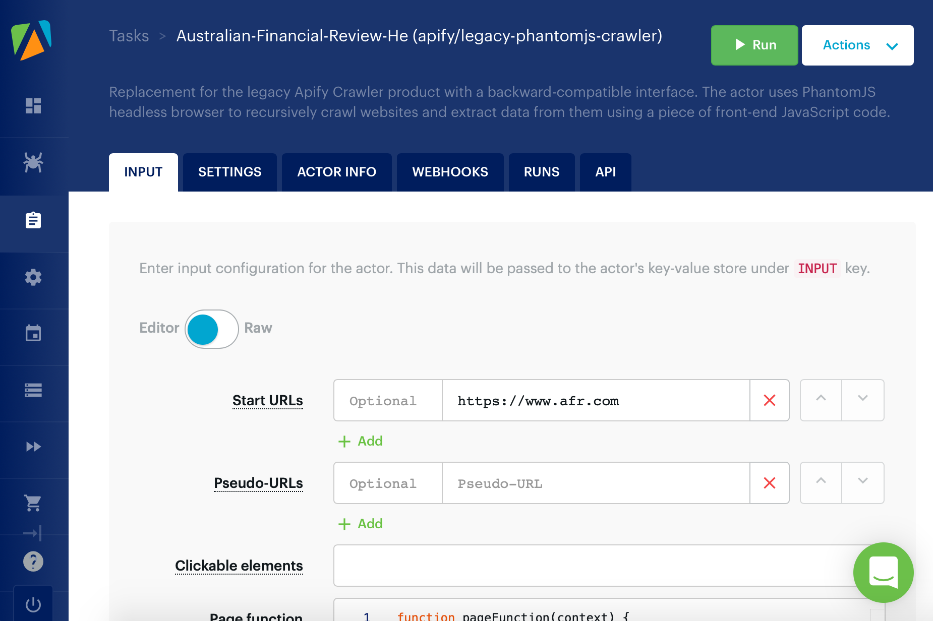 The crawler configuration page on Apify