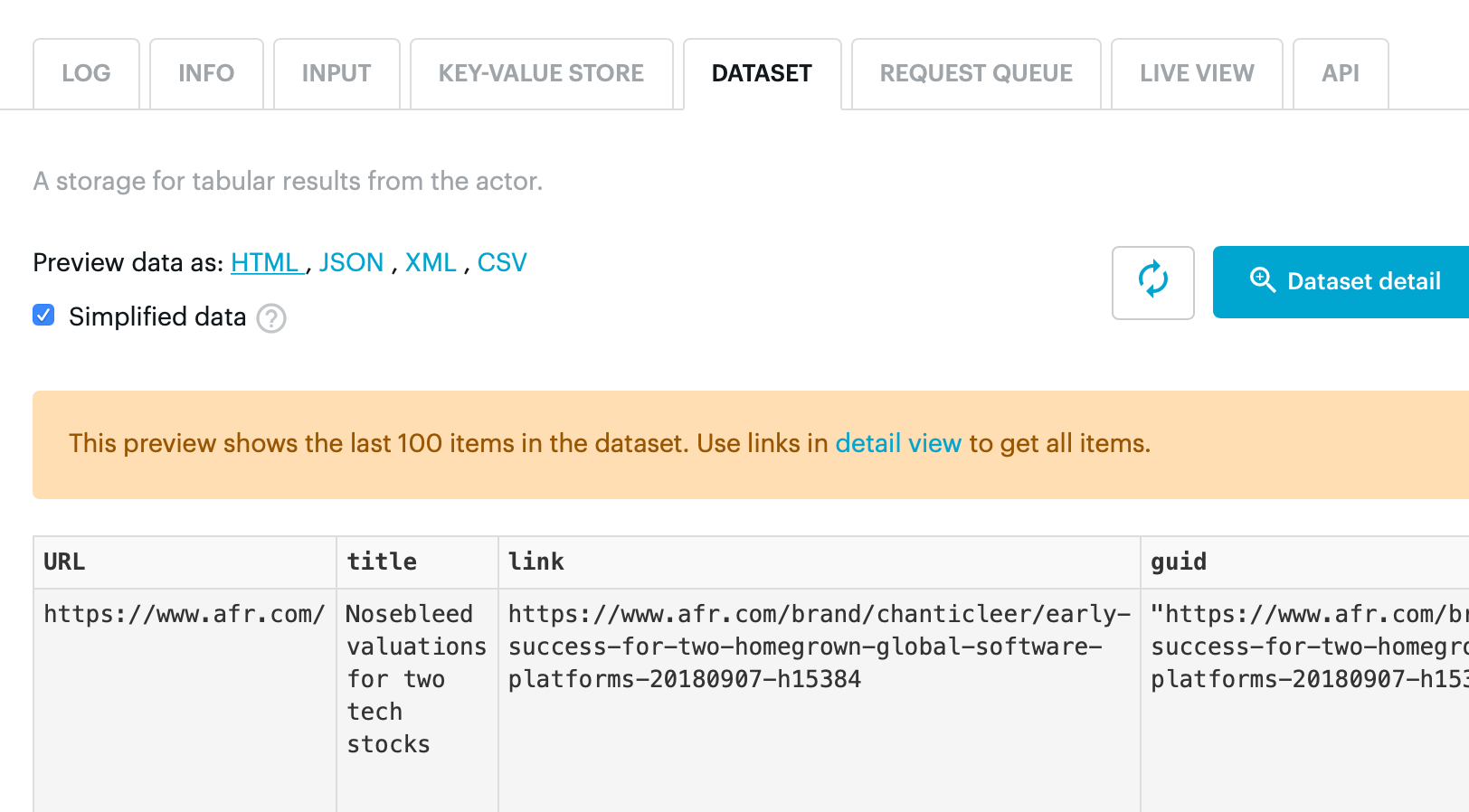 Previewing the data returned by our crawler