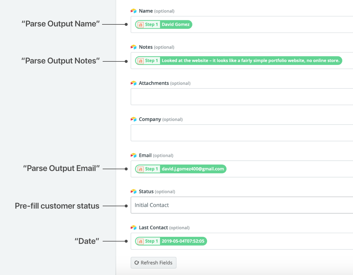 Mapping fields from our parsed email to Airtable fields