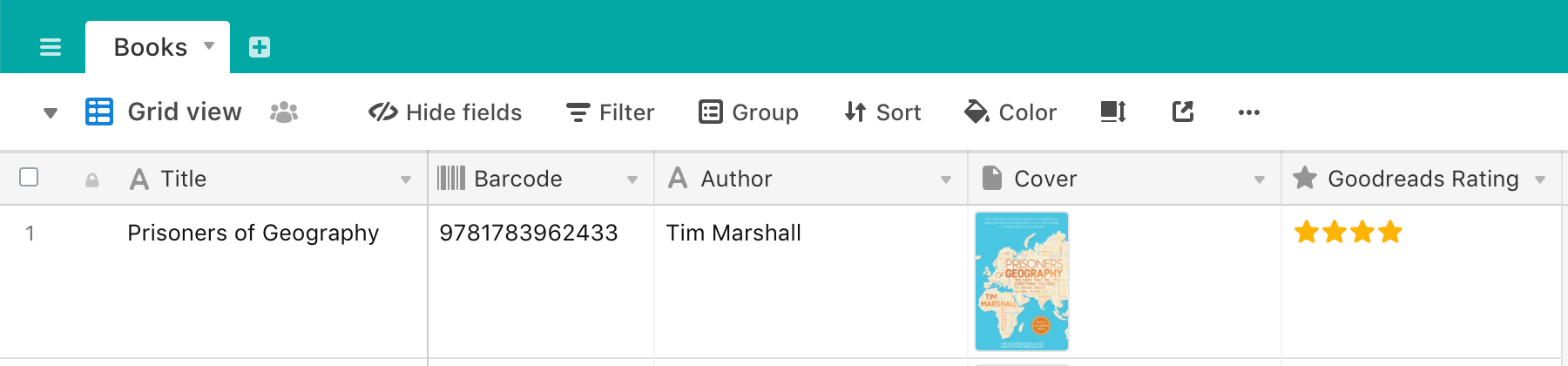 The field types of a basic Books table in Airtable